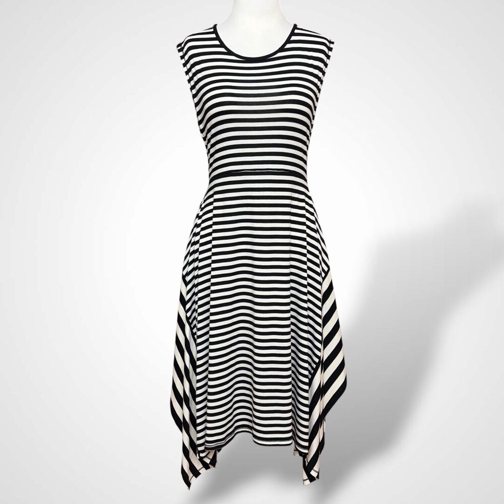 Parizia Luca Milano Black White Stripe High Low Dress Size L Stretchy Sleeveless